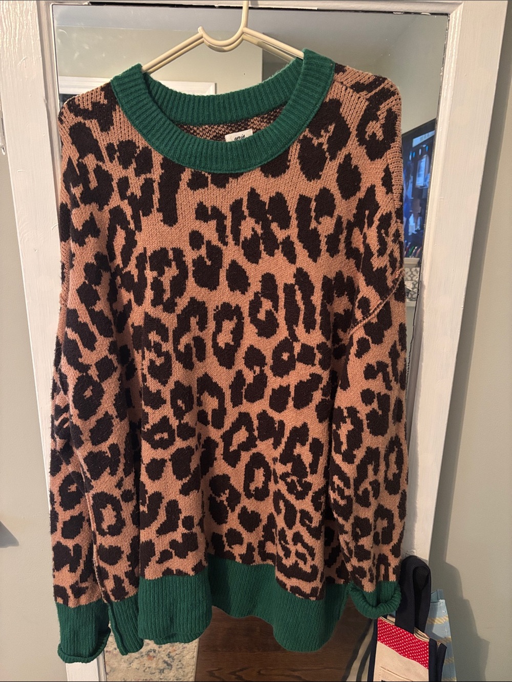 aerie Leopard Print Sweater with Green Trim